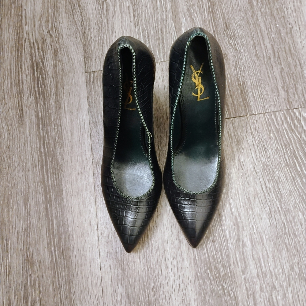 Yves Saint Laurent YSL Crocodile Texture Wood Block Heels Sz 38 - Picture 3 of 7